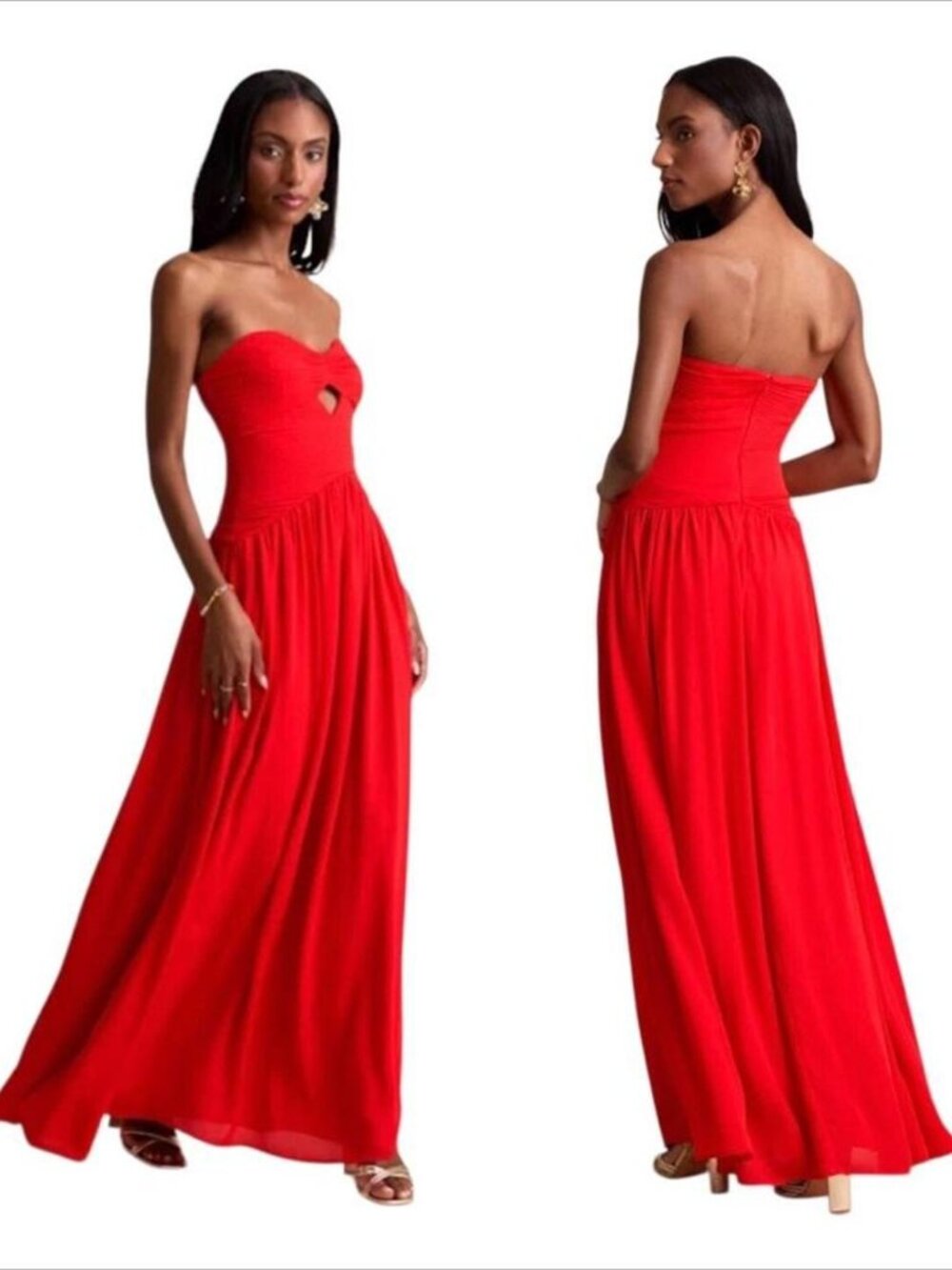 Lulus Rozala Bright Red Pleated Strapless Maxi Dress Evening Gown Formal Party